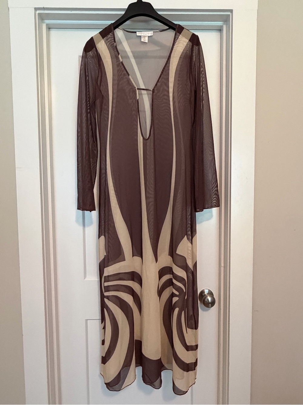 Caroline Constas Brown & Cream Long-Sleeve Sheer V-Neck Dress swim coverup.